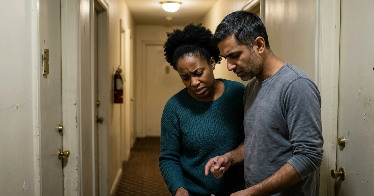 Tenant standing outside apartment with changed locks, illustrating illegal eviction