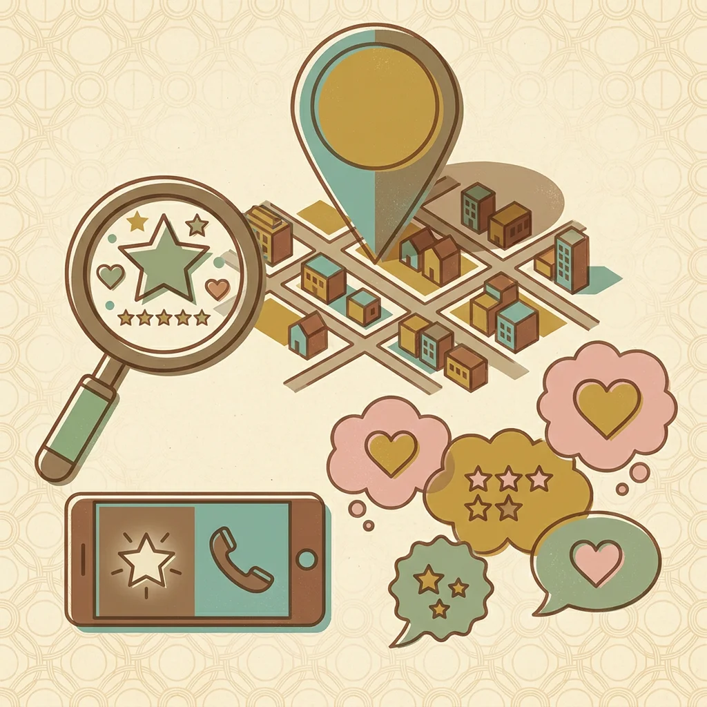Flat illustration showing map pin over city grid, magnifying glass with star rating, smartphone with phone and star icons, and review speech bubbles — representing Google Business Profile optimization for law firms