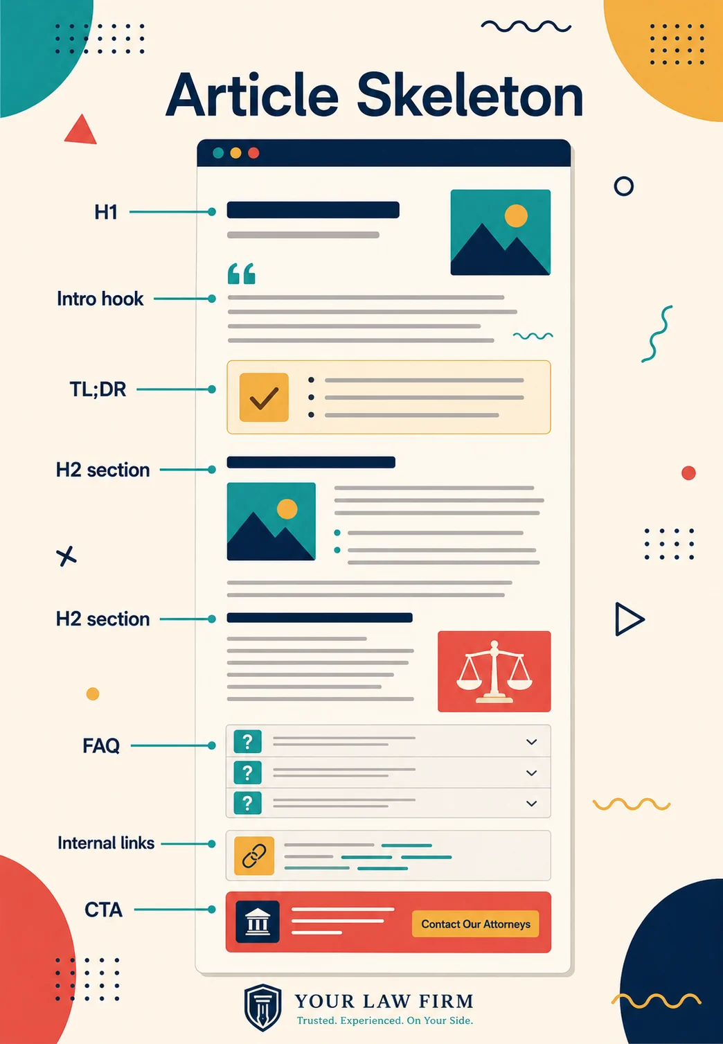 Article skeleton infographic showing H1, intro, TLDR, H2 sections, FAQ, internal links, and CTA