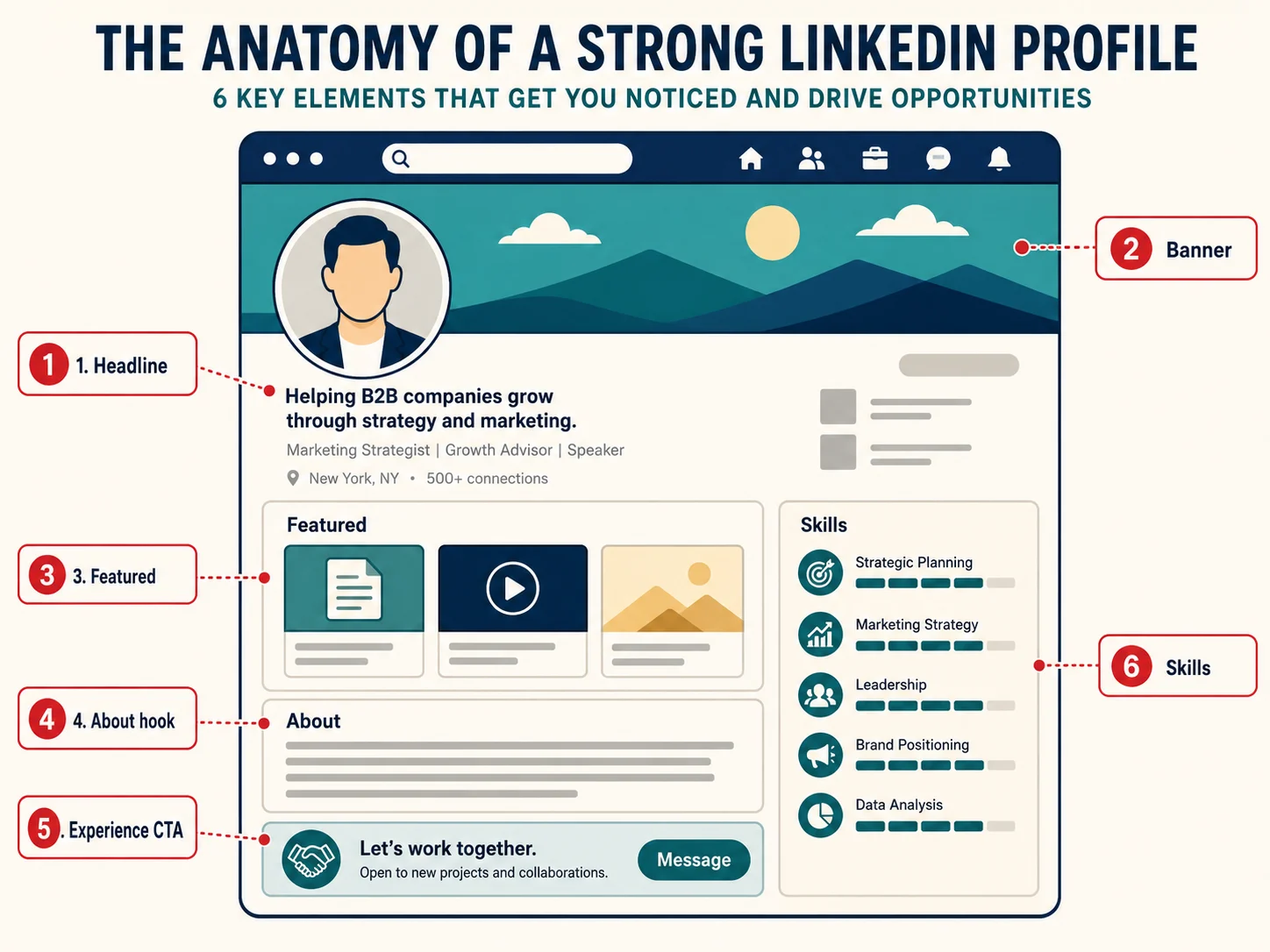 Diagram of a strong LinkedIn profile with callouts for headline, banner, featured section, about section, experience, and skills
