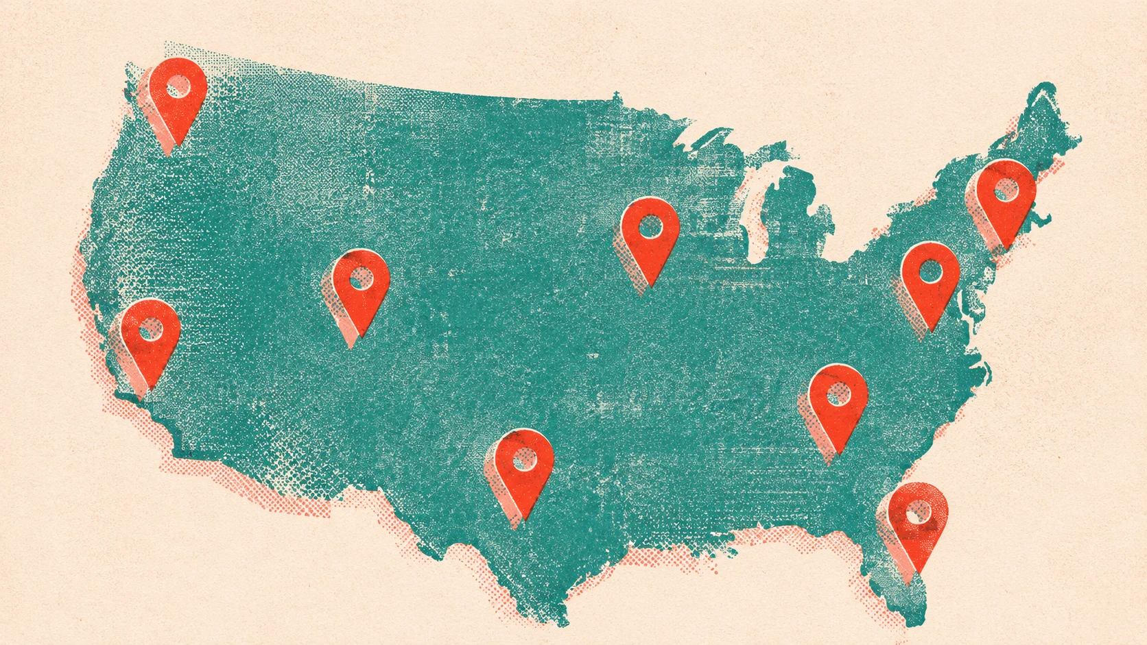 Risograph-style map with red local search pins for attorney local SEO