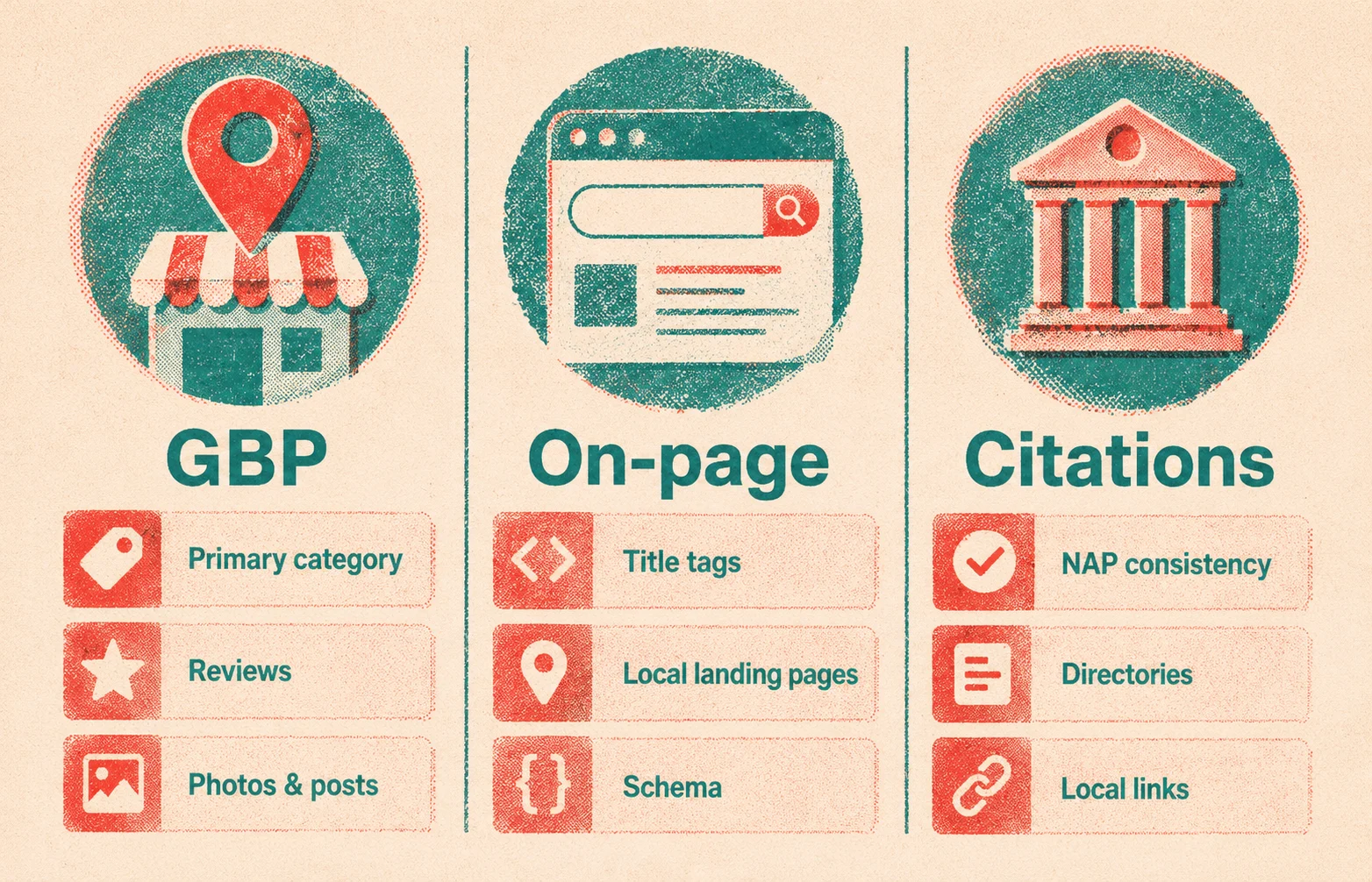 Three-pillar diagram for attorney local SEO covering GBP optimization, on-page local signals, and citations