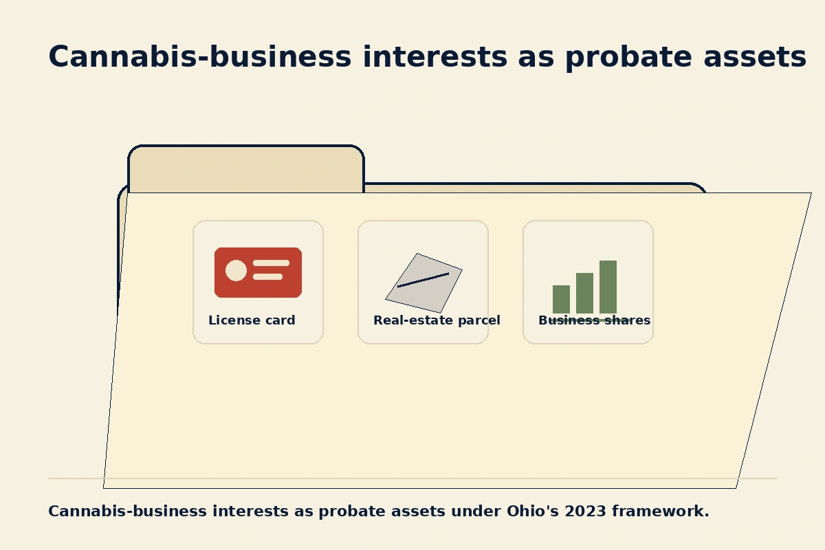 Illustration of an estate file containing a dispensary license card, real estate parcel, and business shares