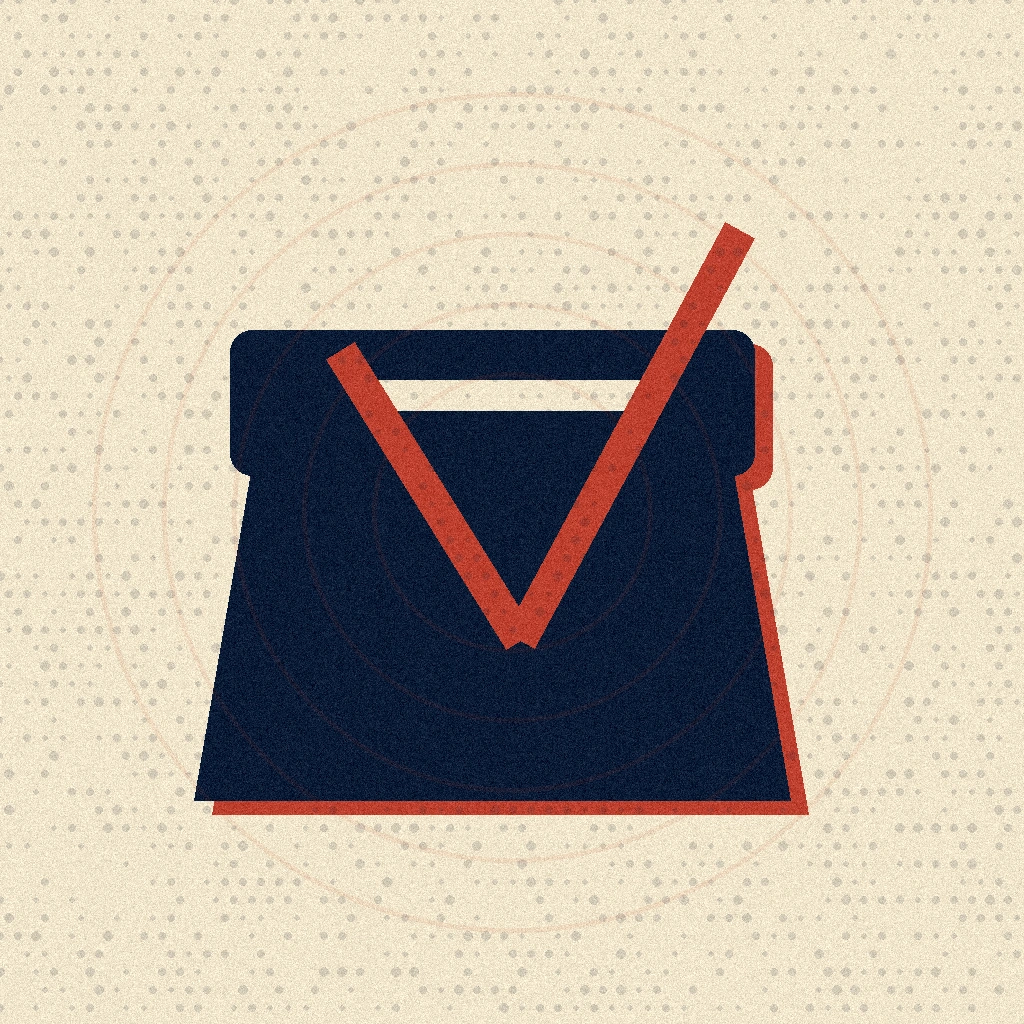 Risograph ballot box illustration with a red checkmark for an Ohio ballot initiative section divider