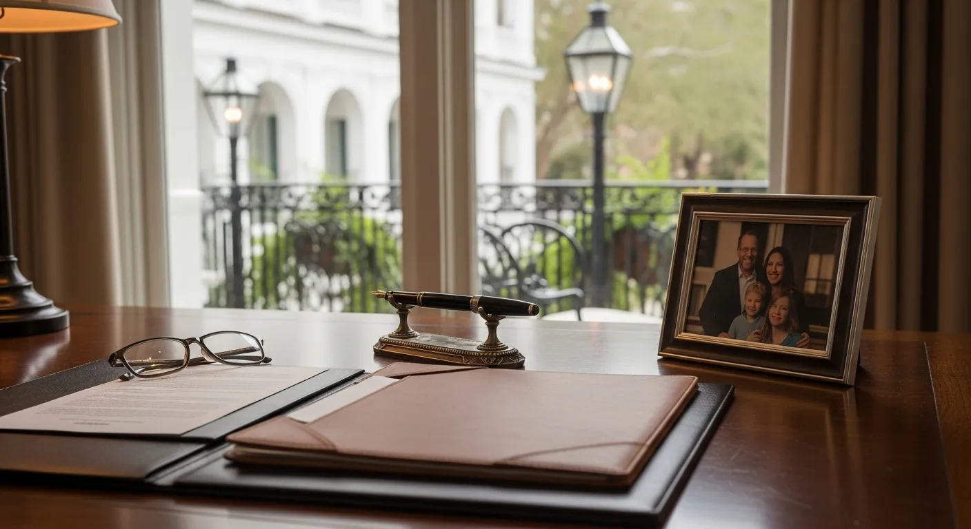 Estate planning attorney's desk with legal files in Colleton County, South Carolina