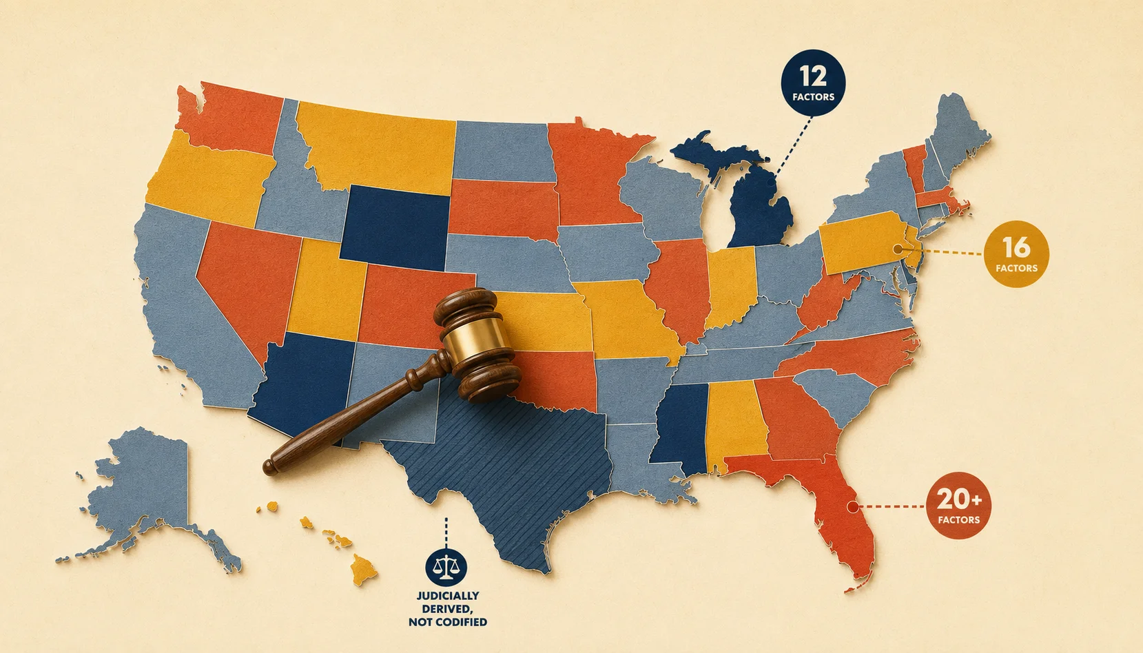 State map showing best-interests-of-the-child factor counts across US jurisdictions