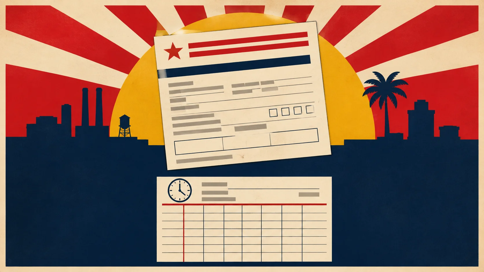 1960s editorial poster illustration of a stylized California Labor Commissioner wage-claim intake form floating above a worker's empty paper time card, in California-flag red, deep navy, golden yellow and cream