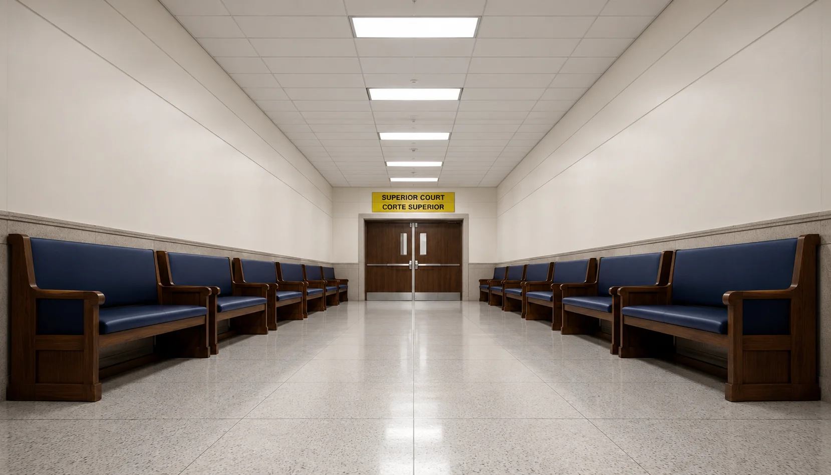 Empty California superior court hallway in one-point perspective, bilingual placard visible on a side door, soft daylight from clerestory windows