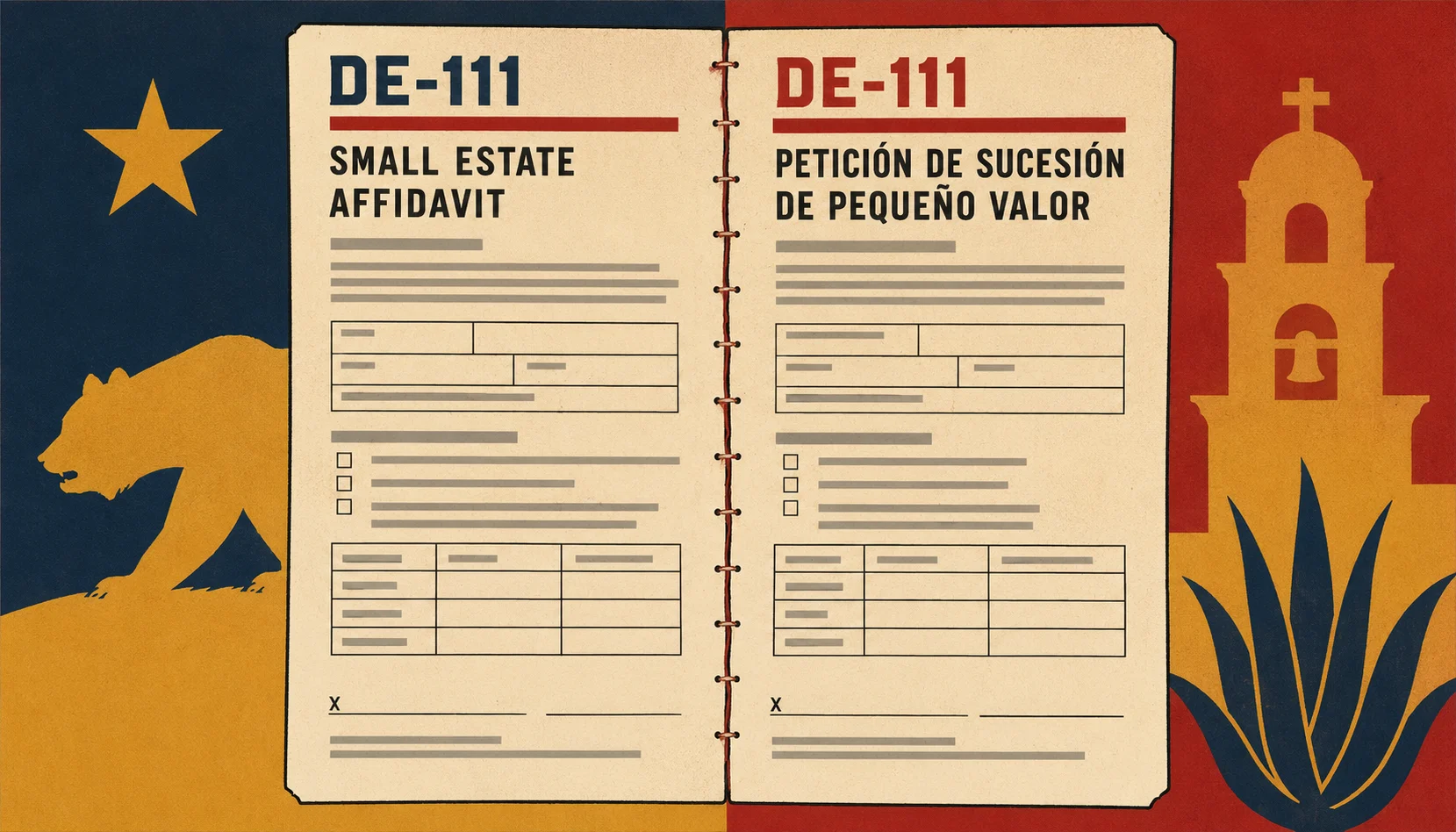 1960s editorial poster illustration of bilingual probate paperwork as two halves of a single document — Spanish DE-111 left, English DE-111 right — in California-flag red, golden ochre, deep navy and off-white