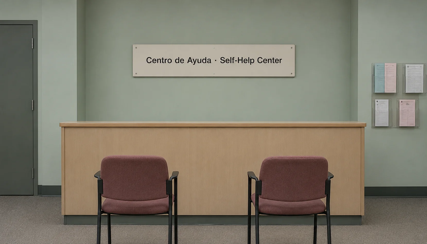 Empty Centro de Ayuda / Self-Help Center walk-in counter at a California superior court, bilingual signage visible above the window, no people in frame