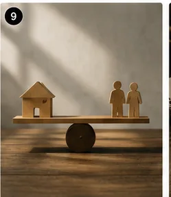 Best-interests balance on a wooden seesaw with a house token and a family figure token