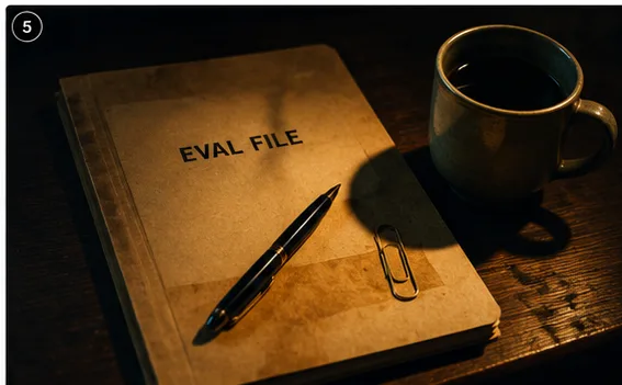 Manila eval-file folder with a fountain pen, paperclip, and coffee cup in low warm tungsten light