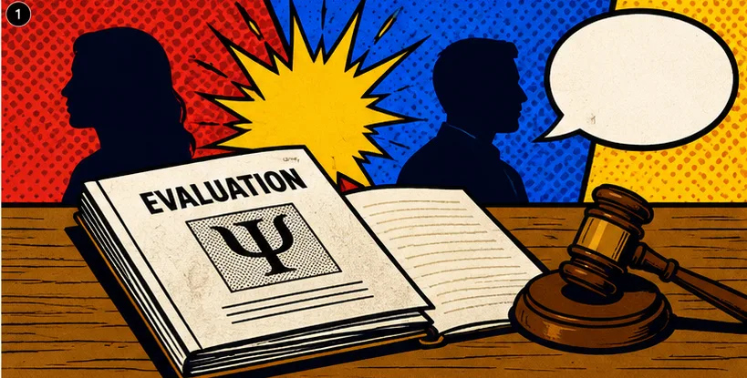 Court-ordered child custody evaluation: psychological testing room with assessment booklets and interview chairs