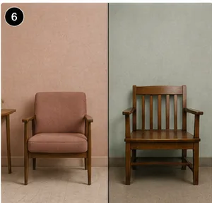 Split-frame composition with a clinical evaluation-room chair on the left and a courtroom witness chair on the right