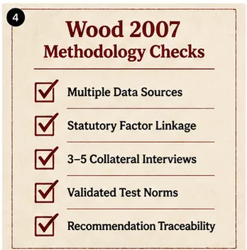 Wood 2007 methodology checklist: multiple data sources, statutory factor linkage, 3–5 collateral interviews, validated test norms, recommendation traceability
