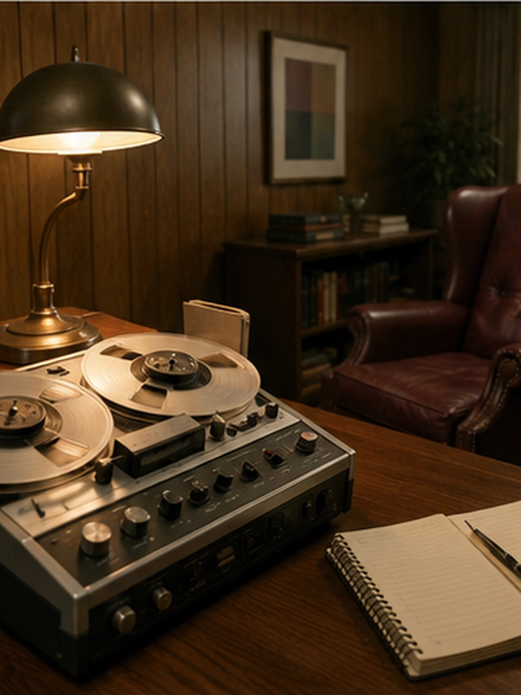 1985-era forensic psychologist's office with reel-to-reel tape recorder mid-spool, leather wingback patient chair, and wood paneling