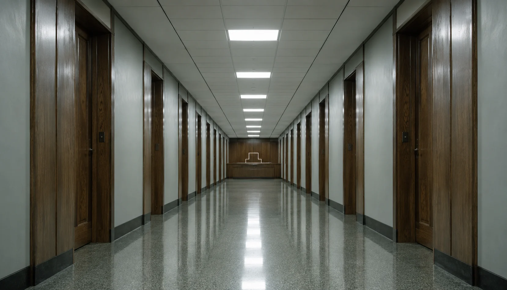 Polished courtroom corridor in one-point perspective leading to a single witness-stand outline at the vanishing point