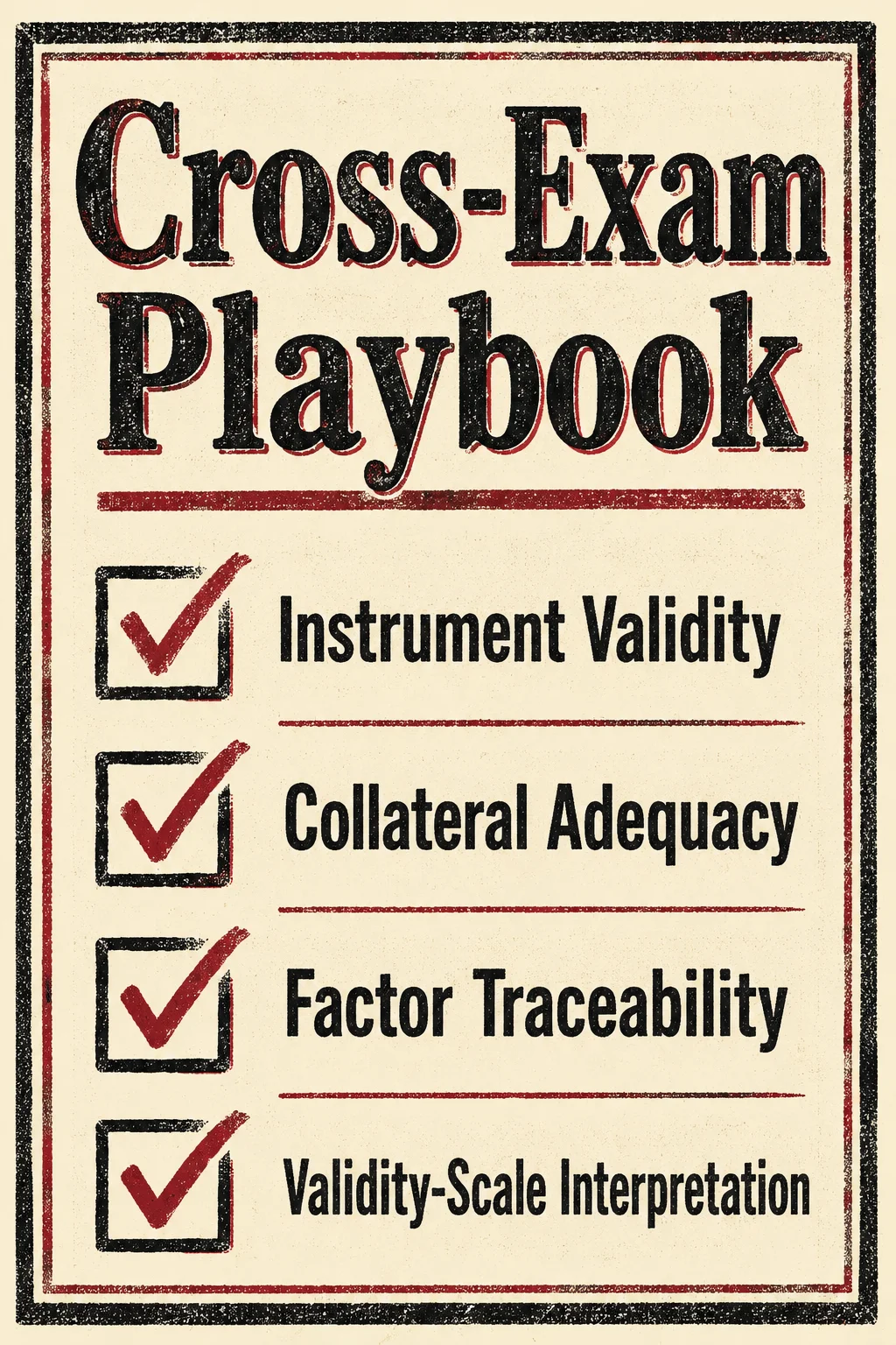 Cross-Exam Playbook checklist with four items: Instrument Validity, Collateral Adequacy, Factor Traceability, Validity-Scale Interpretation