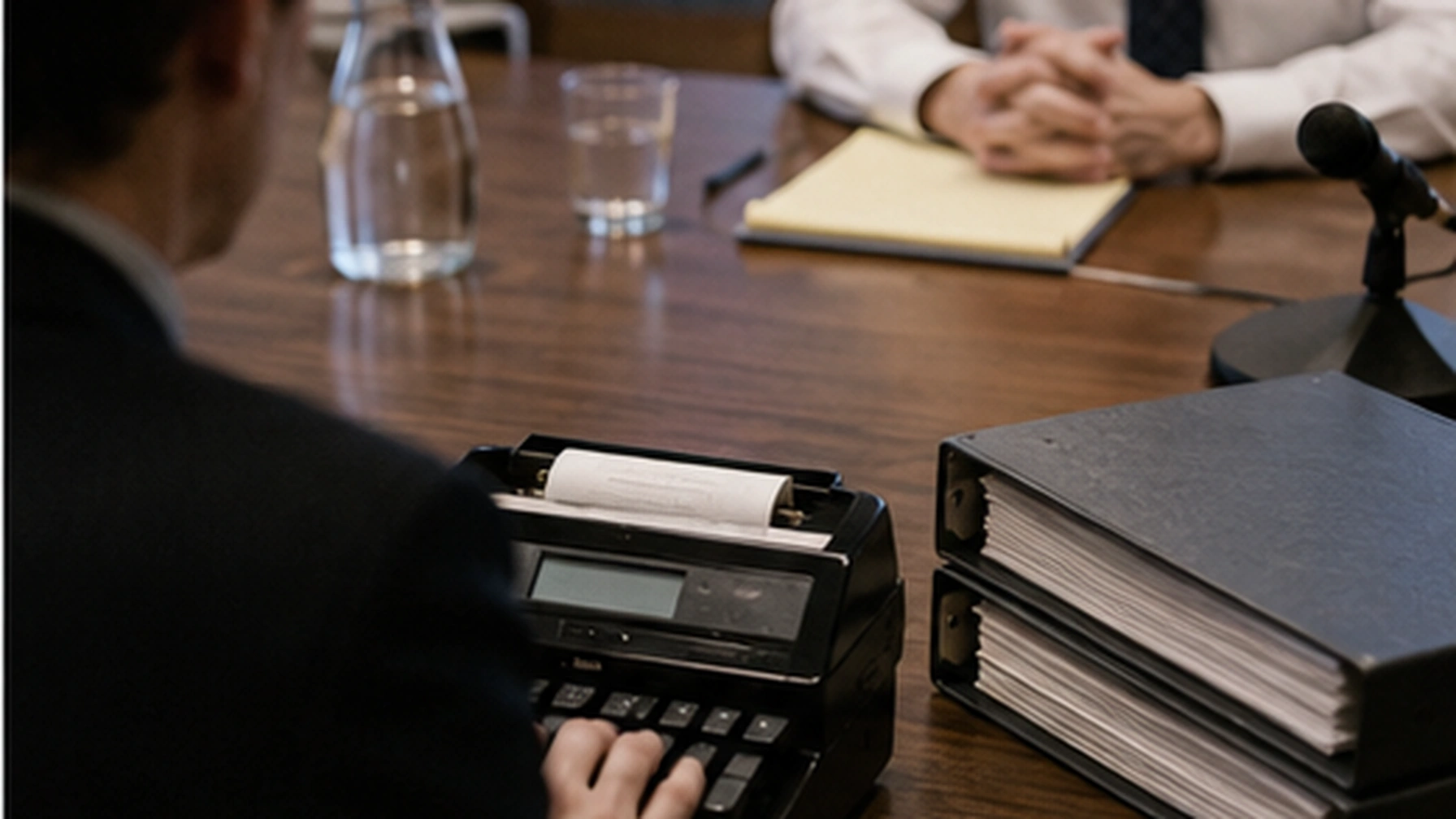Deposition in mid-session — court reporter's hands on a stenotype machine in the foreground, attorney back-of-head in mid-ground, witness torso across the table