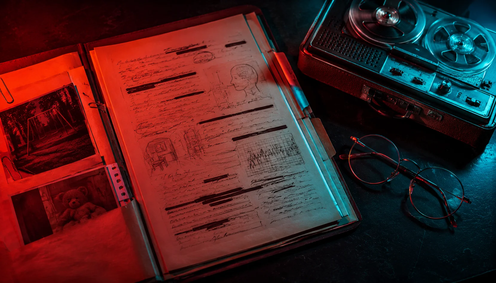 Forensic psychologist's case file under low-key Argento giallo red light — courtroom expert testimony