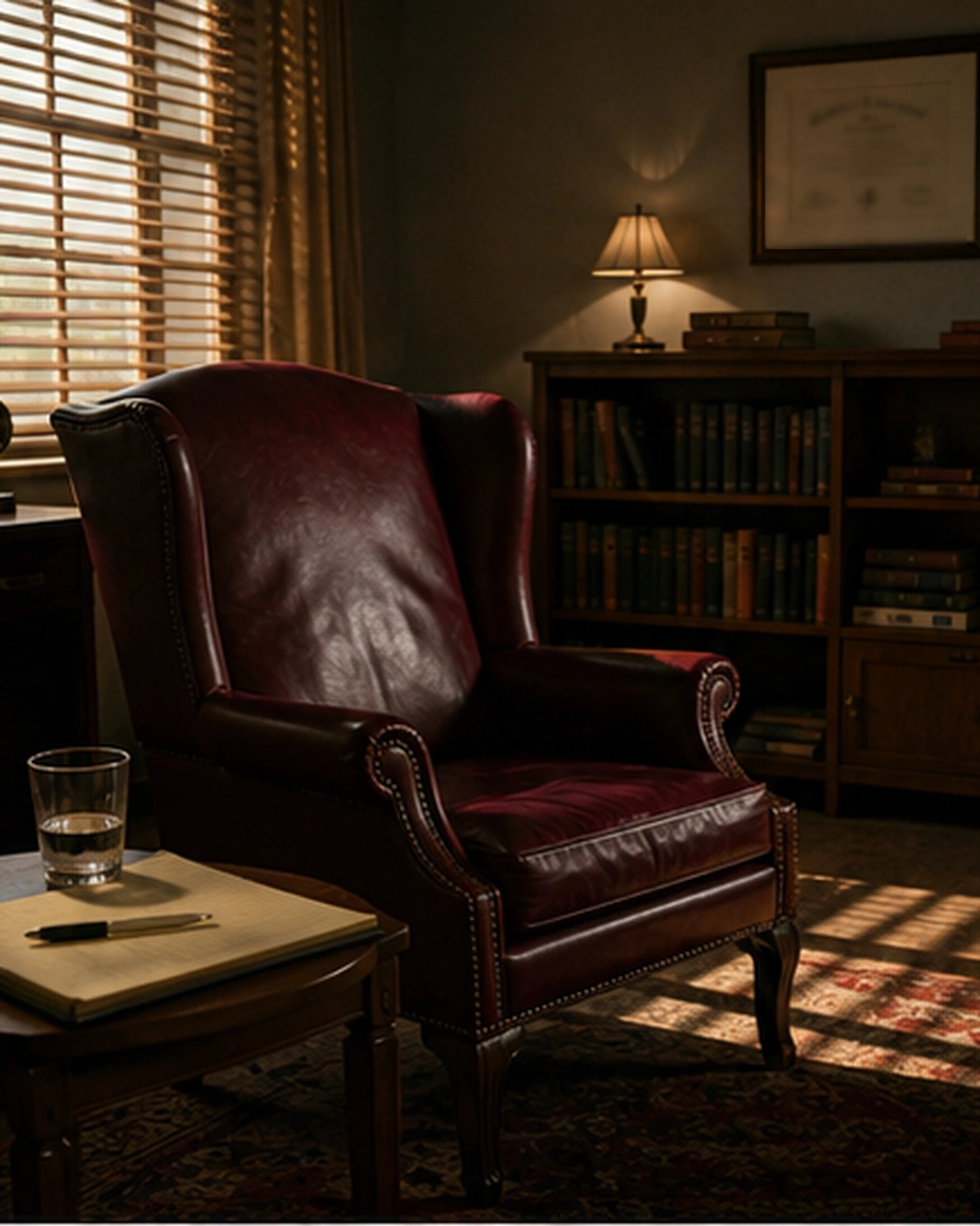 Forensic psychologist's office at end of day with leather wingback chair angled toward camera, striped venetian-blind shadows across the floor
