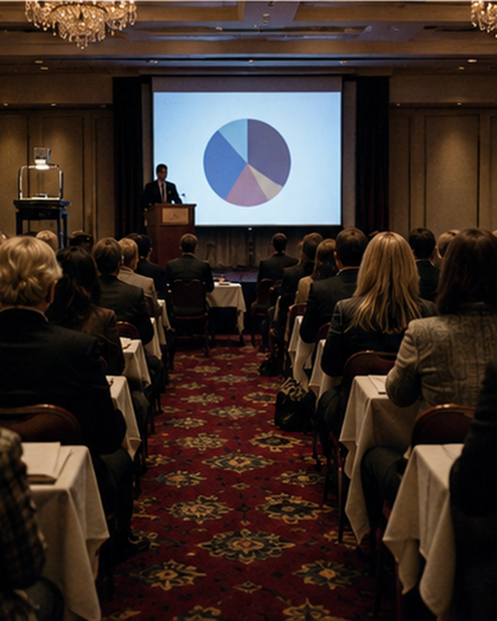 Forensic psychology professional symposium circa 1995, view from the back of a hotel ballroom with audience members seen from behind and a presenter silhouetted at the podium