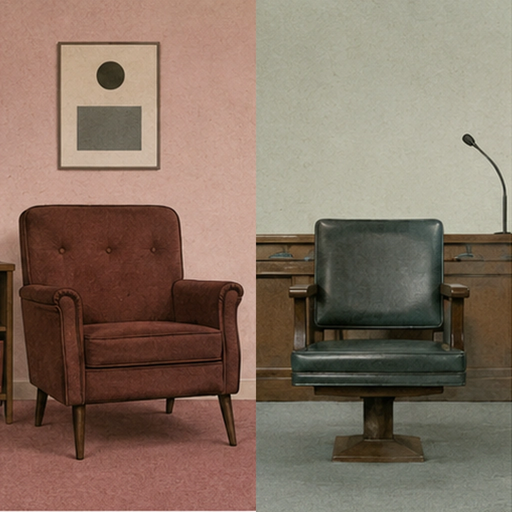 Split-frame composition with a psychologist's office chair on the left and a courtroom witness chair on the right