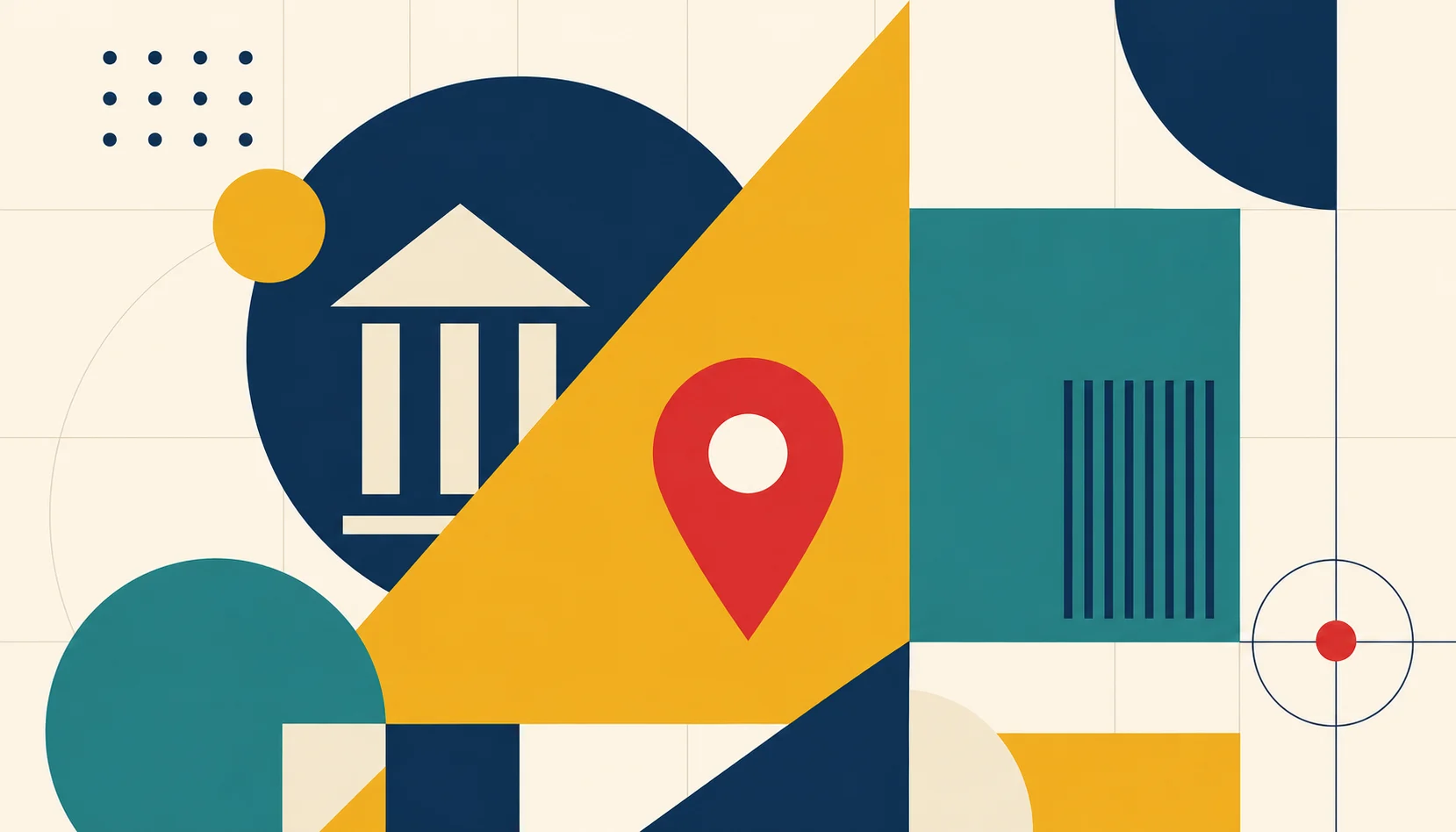 Bauhaus geometric composition with a large red map pin representing Google Business Profile visibility for attorneys