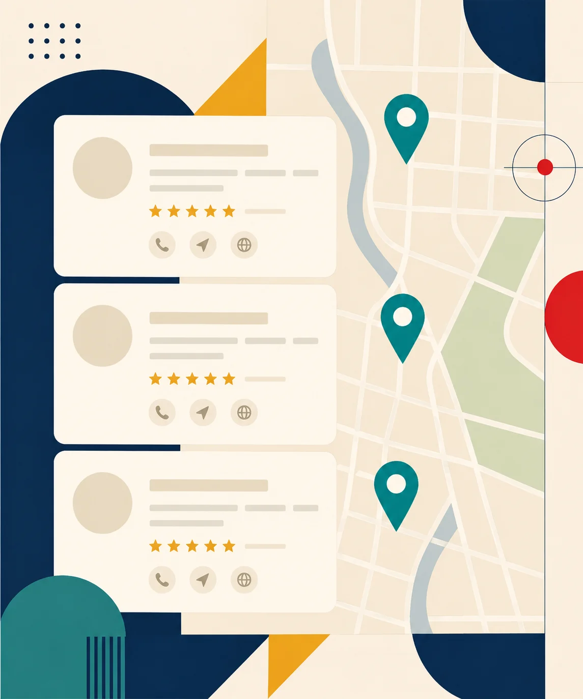 Bauhaus-style local 3-pack map result with three attorney listing cards and map pins