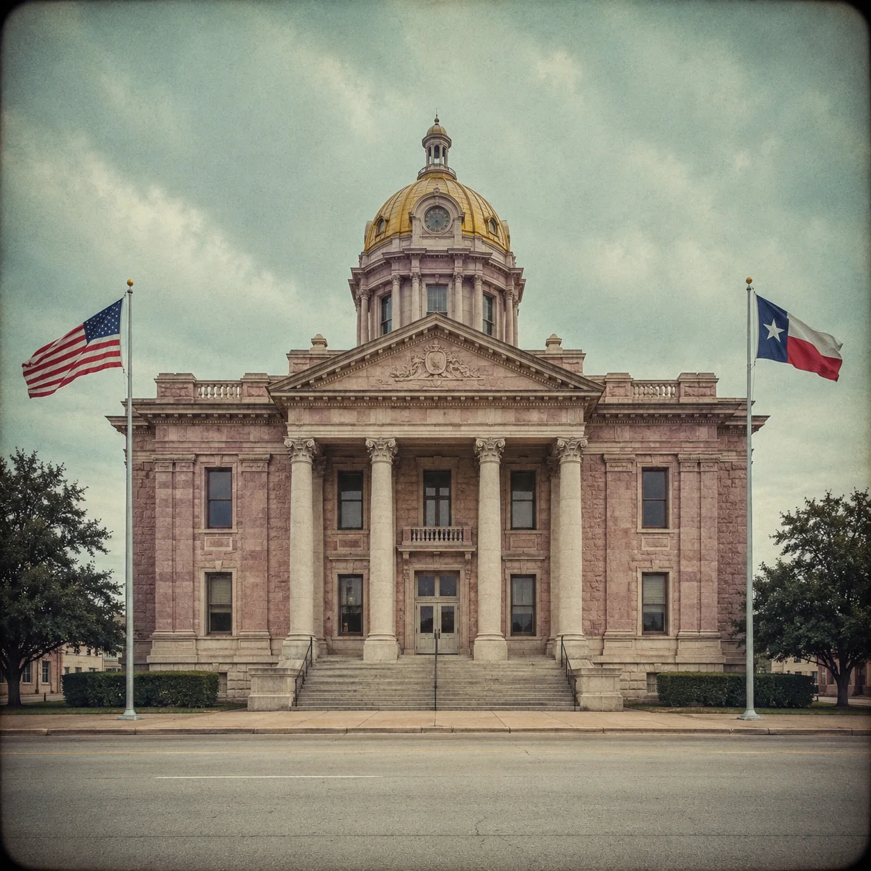 Symmetric facade of a classical-revival Texas courthouse in dusty pink limestone with gold dome, American and Texas flags flanking the entrance under an overcast sky