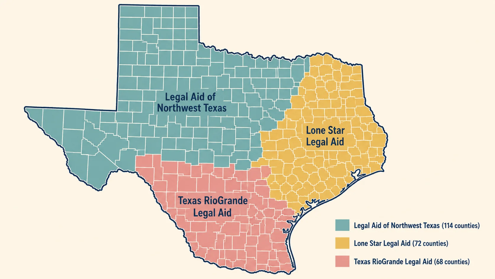 Map of Texas shaded into three regions showing service areas of Legal Aid of Northwest Texas, Lone Star Legal Aid, and Texas RioGrande Legal Aid covering all 254 counties