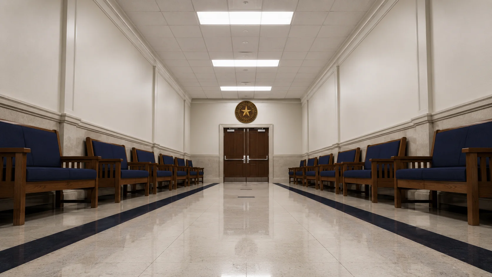 Empty family court hallway in one-point perspective with the Texas state seal mounted at the far end