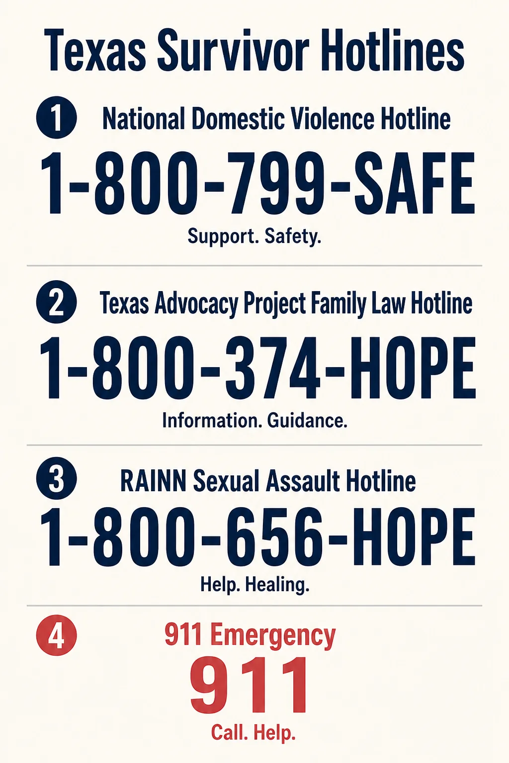 Stacked card listing four Texas domestic violence hotlines including 911, National Domestic Violence Hotline 1-800-799-SAFE, Texas Advocacy Project 1-800-374-HOPE, and RAINN 1-800-656-HOPE