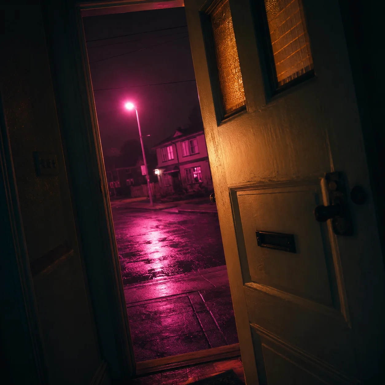 Residential front door slightly ajar at night with a magenta neon streetlight glow on the porch