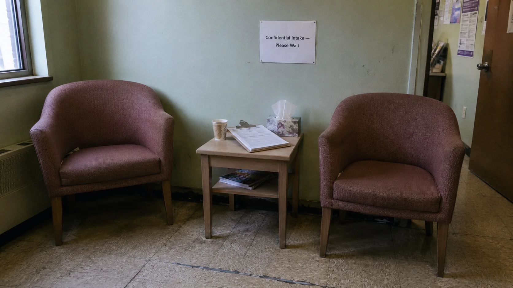 Quiet shelter intake waiting room with dusty-rose upholstered chairs and a small Confidential Intake sign on a side table