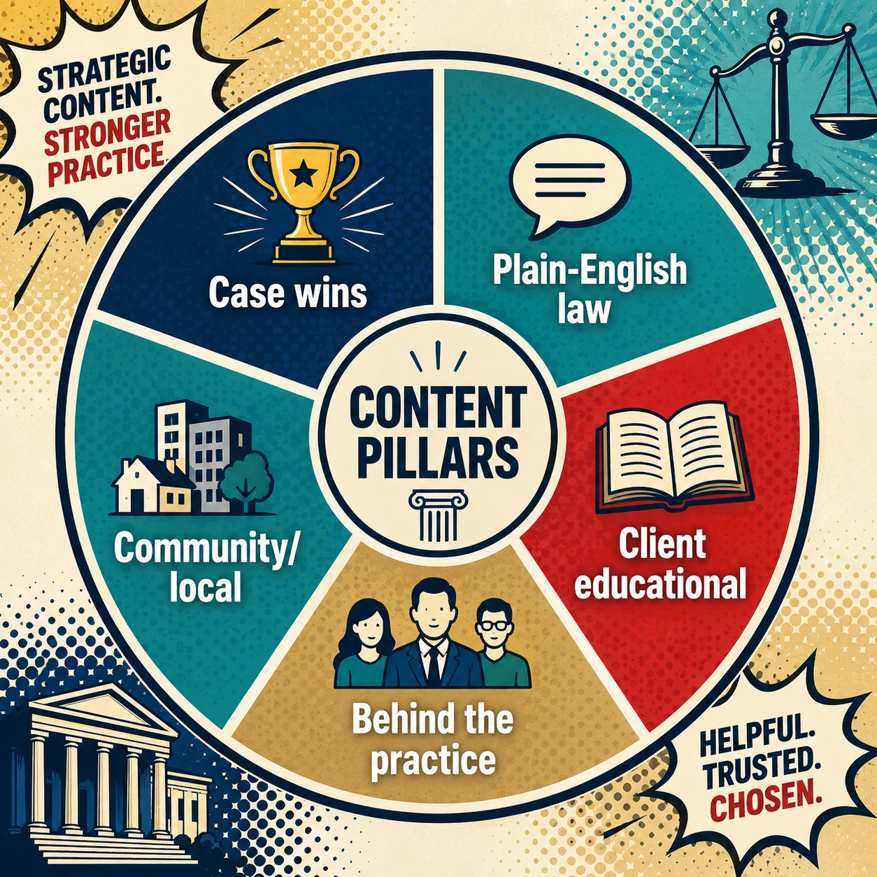 Circular content pillar wheel for attorney LinkedIn posts covering case wins, plain-English law, client education, behind the practice, and community