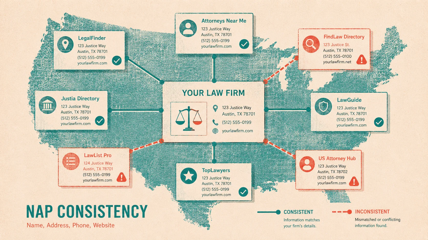 NAP consistency map connecting attorney directory listings to a central law firm card