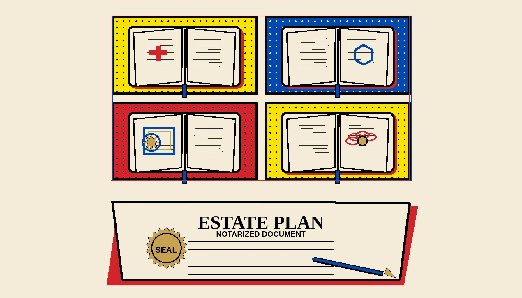 Pop-art composition of four open religious texts above a notarized estate planning document