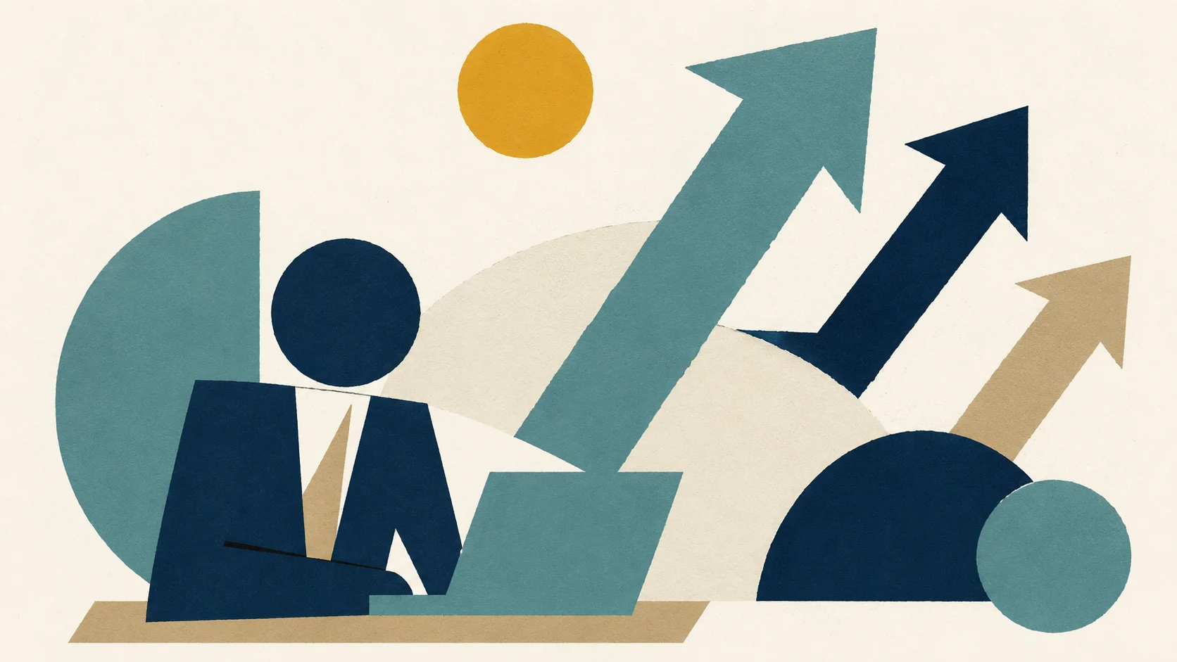 Mid-century editorial illustration of a solo attorney at a laptop with abstract growth arrows